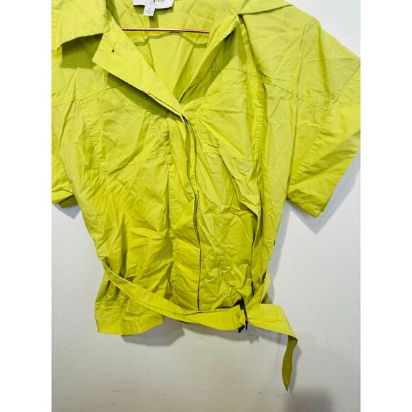 EUDON CHOI Women's Green Neon Belted Short Sleeve Collared Blouse Top Size 2 - Picture 6 of 13